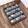 Bandeja de exhibición para relojes de 30 ranuras color nogal en existencia Bandeja de exhibición para mostrador Estante de exhibición para puesto de transmisión en vivo para joyería