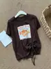 Camiseta de Algodón con Estampado de Cesta y Tacto a Lino para Mujer, Estilo de Nicho a la Moda con Cordón Lateral, Cuello Redondo, Estilo Coreano, Top que Reduce la Edad para Verano