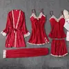 Conjunto de Pijama Feminino de Cinco Peças para Primavera e Verão, Camisola Fina Sexy de Seda Gelada com Alças, Seda com Bojo, Roupa de Casa para Todas as Estações