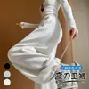 Calças off-white com barra curva para mulheres, novas calças de moletom estilo americano de outono, calças esportivas largas e fluidas, calças versáteis e que afinam com perna larga
