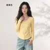 Nova Camiseta Básica de Manga Longa com Decote V para Outono Inicial Feminina Slim Sexy Versátil Temperamento Rejuvenescedora Ombro Normal Feminina