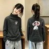 Roupa de baixo escovada para meninas, listrada, tamanho médio-grande, roupa íntima infantil quente, outono e inverno, nova, top casual de fleece infantil de manga comprida