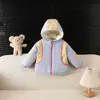 Abrigo grueso de algodón con bloques de color, con capucha, forro de borrego, a prueba de viento y cálido, para niños y niñas en otoño e invierno
