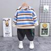 Calça listrada colorida com capuz terno para meninos Outono Novo estilo coreano pullover de manga comprida Conjunto de duas peças de denim para meninos