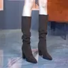Botas de Moda para Mujer 2026 Otoño/Invierno, Hasta la Rodilla, Tacón Grueso, de Poner, Color Sólido, Versátiles, sin Cremallera, Caña Alta, Arrugadas, tipo Slouchy