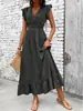 Vestido longo de alça V com babados e acinturado, atacado em estoque, novo modelo de verão, estilo europeu e americano transfronteiriço para férias na praia