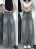 Jeans wide leg retro americano para mulheres, novo estilo de verão, cintura alta, corte solto, plus size, com design de perna reta fluido e corte até o chão