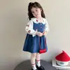 Conjunto de Peto Vaquero para Niña Primavera y Otoño Nuevo Chaleco Bordado para Niños Vestido Camisa con Cuello de Muñeca Conjunto de Dos Piezas
