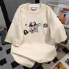 Camiseta de Algodão Puro Pesado com Estampa de Gato Graffiti Estilo Americano Tendência para Mulheres, Novo Verão 2026 Estilo Hong Kong Solta Manga Curta Ins