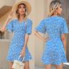 Vestido de Mujer de Comercio Exterior Transfronterizo Europeo y Americano de AliExpress Vestido Floral de Verano con Cuello en V Falda con Botones Ajustada
