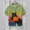 Moda de Verano Tallas Grandes Ropa Juvenil para Hombre Camisa de Manga Corta Cárdigan de Lino Solapa Gato Divertido Estampado de Pintura a Tinta