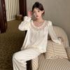 Novo Tecido de Malha 2026 - Pijama Feminino com Renda, Estilo Doce, Manga Longa, Calça Longa, Conjunto de Loungewear Fino com Gola Redonda