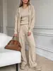 Novo Conjunto de Malha Solto Estilo Europeu e Americano Outono/Inverno 2026 para Mulheres, Cardigã com Capuz e Zíper + Manga Curta + Calça de Pernas Largas Conjunto de Três Peças
