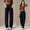 Jeans de mezclilla azul oscuro de pierna curva para mujer, de tiro alto, estilo retro, con costuras visibles, corte holgado, efecto adelgazante y diseño de pierna ancha