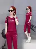 Traje deportivo Mujer Verano Nuevo Camiseta Moda talla extra Pantalones Capri de Manga Corta Casual Holgado Adelgazante Conjunto de Dos Piezas