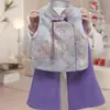 Conjunto de Suéter Colete Acolchoado Estilo Chinês para Meninas Calça Flare Conjunto Outono Inverno Colete de Botão Estilo Chinês Conjunto Acolchoado de Três Peças