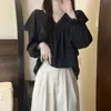 Camisa Elegante de Nueva Colección Primavera y Otoño 2026 con Cuello en V Fruncido, Pliegues y Mangas Abullonadas, Holgada, Talla Grande para Mujer