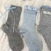 Meias com Laço Cinza-Azulado para Meninas, Estilo Japonês Versátil Fofas Xadrez Renda Estilo Coreano Primavera e Verão Alto Valor Estético Meias Largas