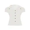 Camisa de manga corta plisada con cuello de solapa, cintura ceñida, diseño elegante y un aire sofisticado de ropa de trabajo, top tipo cárdigan de un solo botón, estilo streetwear americano.