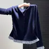Camiseta de Manga Larga con Diseño de Patchwork a Cuadros Estilo Coreano Falso Dos Piezas para Mujer Primavera y Otoño Nuevo Top Delgado para Usar por Dentro/Fuera