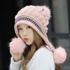 Gorro de invierno para mujer, gorro de punto con pompón de piel, guantes, conjunto de 2 piezas, gorro cálido, ciclismo, forro polar, orejeras gruesas y cálidas