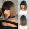 Peruca Branca Gradiente para Mulheres, Cobertura Total da Cabeça, Cabeça Bobo, Cabelo Artificial, Fofa, Rejuvenescedora, Molda o Rosto Menina, Cabelo Curto Liso com Franja