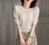 Design Palaciano Retro Francês Mangas Bufantes Charme Simples Alta Qualidade Elegante Moda Malha Top Camiseta Verão Produtos Europeus