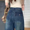 Foto real de jeans wide leg estilo retrô americano para mulheres, nova coleção de outono, design de cintura alta, calça longa lavada de perna reta afina a silhueta