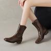Botas Curtas Quadradas Casuais e Versáteis com Salto Grosso Médio Novo Estilo Outono e Inverno 2025 Botas de Cavaleiro de Uma Perna Botas de Cowboy Ocidentais em Couro Integral