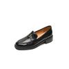 Mocassins de Pele de Cabra com Textura Forte e Fivela de Metal, Primavera 2024, Salto Médio Grosso, Bico Quadrado, Sapatos Femininos de Couro Inteiro