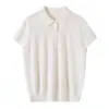 Novo Estilo Primavera e Verão 2026 Lã 100% Fiada Fina Fio Yangzi Gola Polo Malha Manga Curta Cor Pura Solta Camiseta para Mulheres