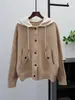 Cardigan de Lã Dupla Face Tricotado com Chapéu Removível 2025 Outono e Inverno Novo Estilo Coreano Solto Casual Jaqueta Suéter para Mulheres Tendência