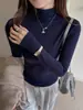 Nueva Camiseta de Canalé Elegante y a la Moda, Manga Larga, Cuello Alto, Base de Canalé, Versátil, Sensación de Alta Gama, Prenda Base