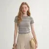 2026 Estilo Coreano Suave Flor Cinza Malha Manga Curta Camiseta Feminina Verão Temperamento Slim Fit Ombro Real Casual Top
