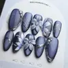 Ojo de Gato Tridimensional Degradado Azul Frío Floral Perla Plateada Elegante Estilo Europeo y Americano Puntas de Uña Desmontables 30 Piezas
