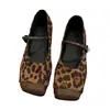 Zapatos Planos Mary Jane con Estampado de Leopardo en Gamuza para Uso en Exteriores, Nuevo Estilo Otoño 2025, Mocasines Elegantes de Estilo Francés, Zapatos de Boca Baja para Mujer