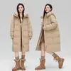 Casaco Longo Feminino de Inverno Branco com Penas, Design Estiloso, Com Capuz, Espessado, Quente, Roupa de Inverno