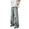 Calça jeans rasgada estilo americano para homens, calça reta fina slim-fit de verão com cintura elástica e design estiloso