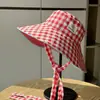 Sombrero de Pescador de Verano Estilo Coreano de Gama Alta a Cuadros con Correa de Ala Ancha Protección Solar Transpirable para Mujer Delgado Moderno Versátil