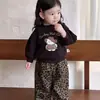 Ropa de Otoño para Bebés Niñas Sudadera de Dibujos Animados Coreanos Pantalones con Estampado de Leopardo Conjunto de Dos Piezas Traje de Otoño para Bebé Niña de Un Año