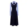 Vestido largo de polo con bloques de color patchwork estilo universitario para mujer, adecuado para primavera y otoño, con diseño de camisa de dos piezas simulada y tirantes