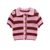 Ropa de Mujer Transfronteriza Otoño 2025 Estilo Europeo y Americano Chaqueta de Punto con Cuello Polo + Conjunto de Shorts a Rayas Mujer G81252/20