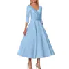 Vestido de noche elegante de color liso con escote en V, manga media y corte cruzado europeo y americano, con vuelo amplio y cintura ajustada.