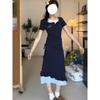 Vestido coreano fresco y dulce de dos piezas falsas para mujer Primavera y Verano Nuevo estilo Asimétrico con cordón Fruncido en la cintura Halter Falda larga