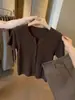 Camiseta de Tricô de Seda de Gelo Cor de Aveia Estilo Old Money com Manga Curta para Mulheres, Roupa de Verão Única e Bonita, Top de Caimento Perfeito