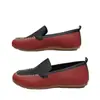 Sapatos rasos casuais femininos retrô de sola macia com blocos de cor e costura, mocassins de calçar fácil em branco e vermelho, tecido de bico redondo baixo