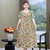Mãe de meia-idade e idosa estampada de algodão vestido de seda verão mulheres de manga curta moda saia de algodão artificial com bolso