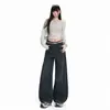 2026 Novo Estilo Americano Jeans Azul Escuro com Plus Veludo Perna Larga Feminino Cintura Alta Caimento Formato Pera Perna Reta Calças Calças Longas Azuis Escuras