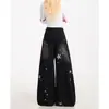 Jeans de mujer con estampado de estrella de cinco puntas y dobladillo curvo, estilo retro americano nuevo y moderno, pantalones anchos holgados y estilizados