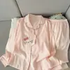 Pijama Estilo Doce Japonês para Mulheres, Primavera e Outono, Cardigã de Algodão Nuvem, Manga Longa, Calça Longa, Conjunto Fofo e Delicado para Casa